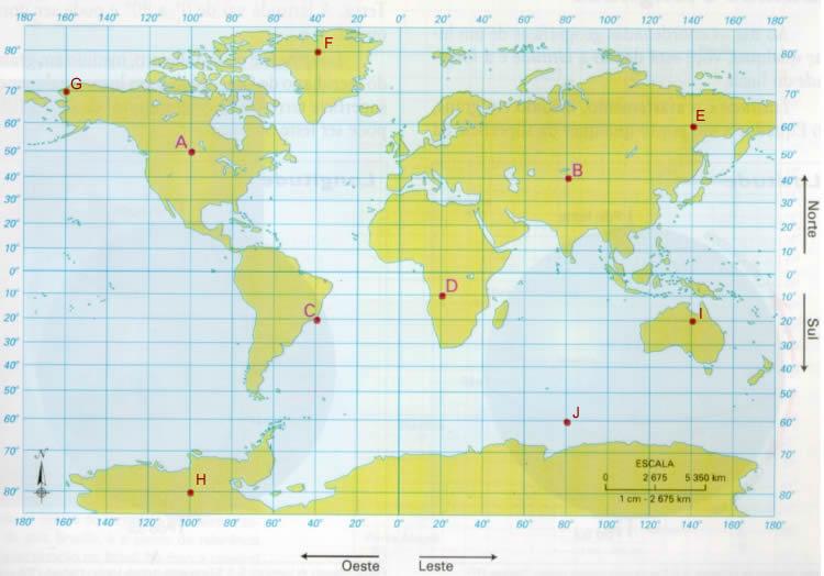 9. OBSERVE o mapa abaixo e FAÇA o que se pede: INDIQUE a localização dos seguintes pontos: LATITUDE LONGITUDE (0,2) A (0,2) B (0,2) C (0,2) D (0,2) E (0,2) F - INDIQUE o nome da ilha onde se