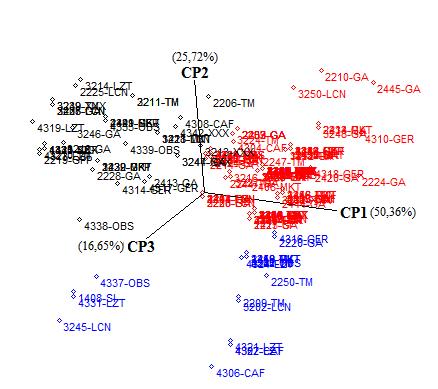 Figura 21. Gráfico tridimensional (CP1 vs. CP2 vs. CP3) dos escores.