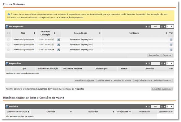 Suspensão (2/4): A Entidade pode enviar a informação reportada pelos fornecedores para o Projetista, através do botão "Notificar Projetista".