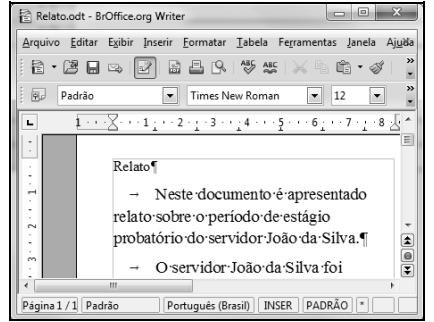 A respeito do BrOffice Writer e da figura acima, que mostra uma janela desse software com um texto em processo de edição, julgue os itens a seguir. Questão n.