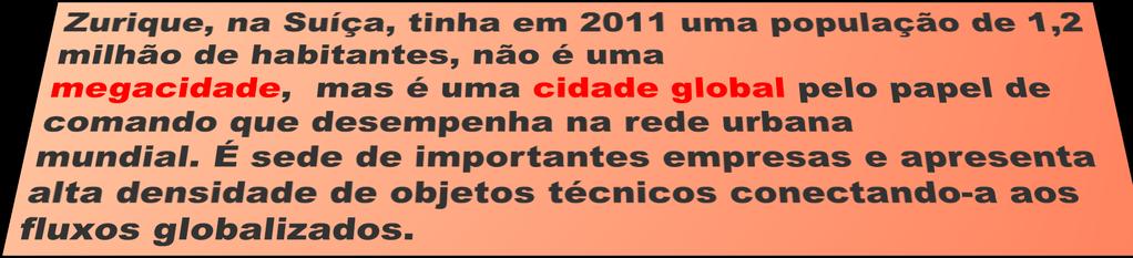 As cidades globais, uma definição qualitativa, não coincidem necessariamente com as megacidades, aglomerações com mais de 10 milhões de habitantes, de acordo com a O N U, definidas por um critério