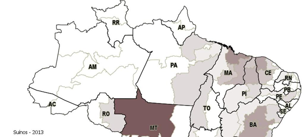 (13,9 %) Área agrícola: 21.5 mi ha Pastagens: 56.8 mi ha Suínos/ha: 0.06 Região Sul Suínos: 17.