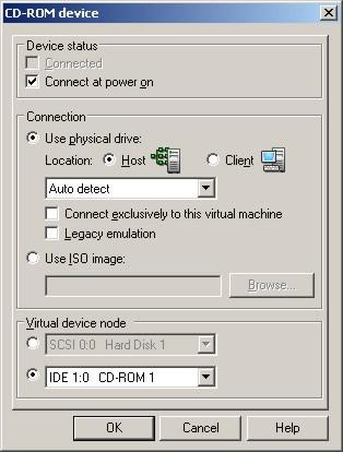 Configuração do CD-Rom. É possível definir qual a drive que irá utilizar como padrão da sua máquina virtual na opção Use physical drive.