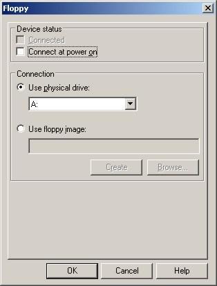 Configuração da drive de disquetes. Também é possível utilizar uma imagem como disquete.
