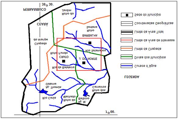 Método de Elementos Analíticos Aplicado no Aqüífero da Região do Cariri - Ceará Figura 4. Croquis da Região do Cariri: Municípios de Crato, Juazeiro do Norte e Barbalha, mostrando a área de interesse.