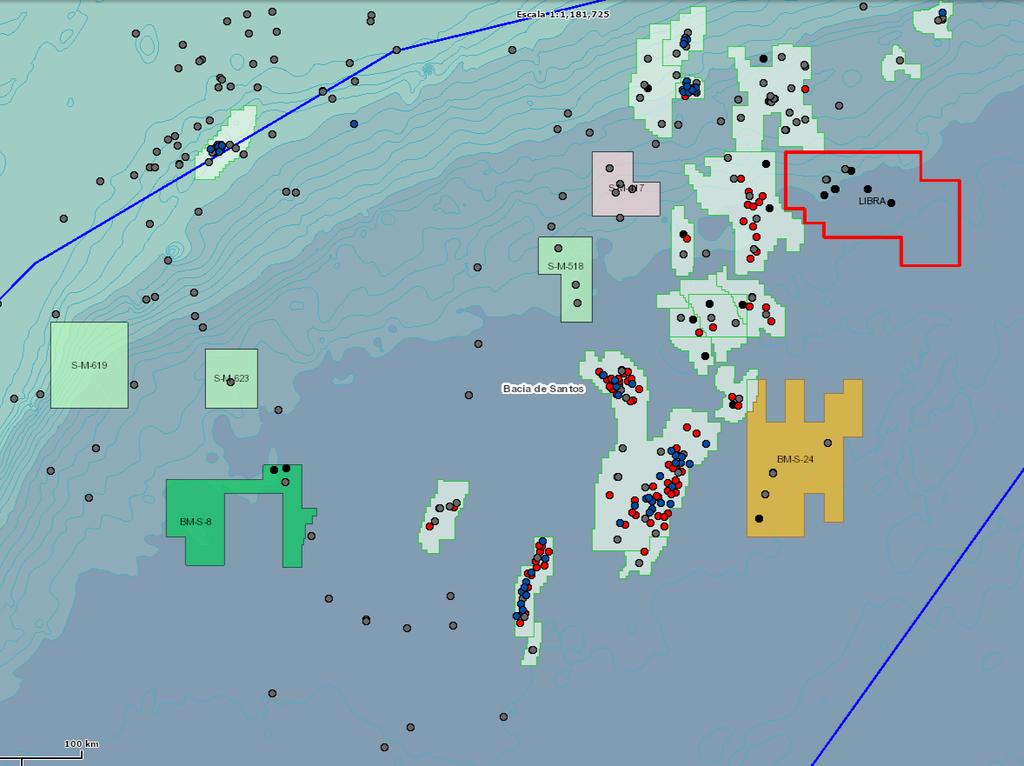 Gato do Mato Florim Búzios Iara Libra Parati NE de Tupi Carcará Lapa Lula Sapinhoá Bem-Te-Vi Carioca Caramba BM-S-22 Peroba Júpiter Pau-Brasil Figura 3.10 Áreas do Pré-Sal na Bacia de Santos.