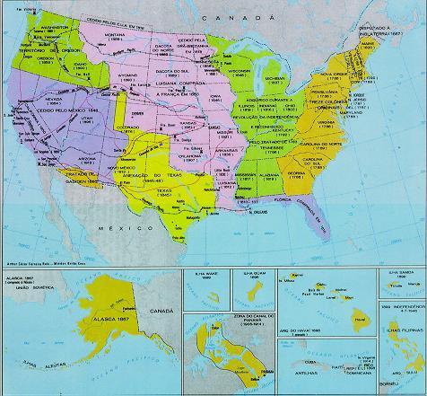 Após a formação dos EUA, com a intensificação dos fluxos migratórios, expandiu-se o território, primeiro até o Rio Mississipi (área agregada ao território das antigas colônias pelo Tratado de Paz com