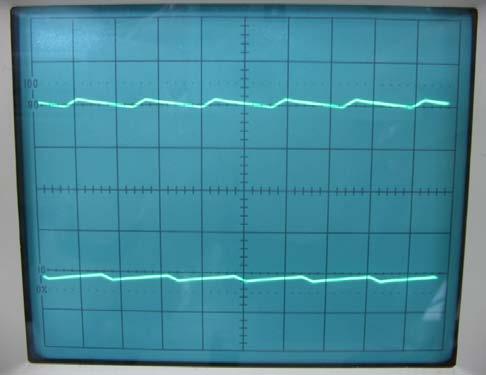 10.3 - No capacitor (ripple) Para se observar a tensão de ripple, foi ligada uma carga de 33Ω a cada uma das saídas simétricas do circuito (3 resistores de 100Ω e 10Watts, em paralelo).