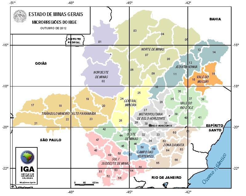 Com o banco de dados, todas as operações para elaboração do mapa foram realizadas no software Arc view Gis 3.2 ESRI. Figura 1 - Mesorregiões do estado de Minas Gerais.