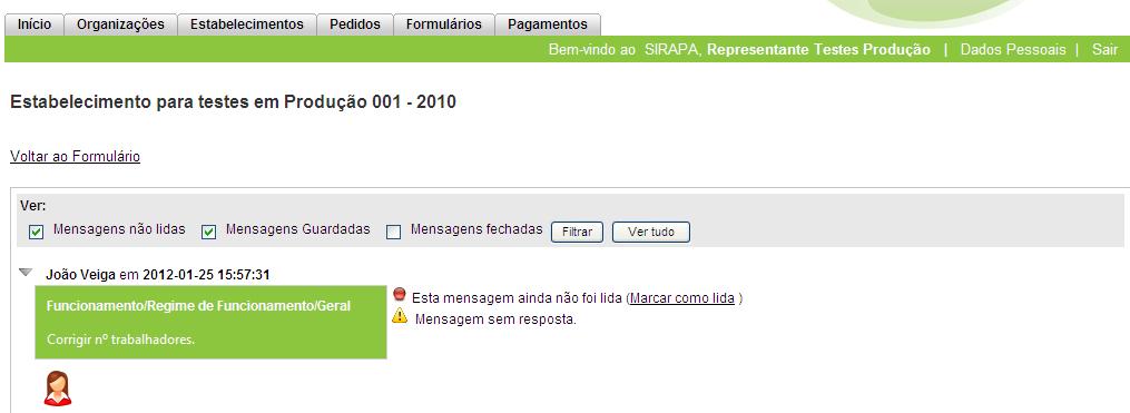 º de mensagens que foram enviadas pela Autoridade Competente, e poderá aceder às mesmas clicando no respetivo envelope. O ecrã das mensagens é o seguinte.