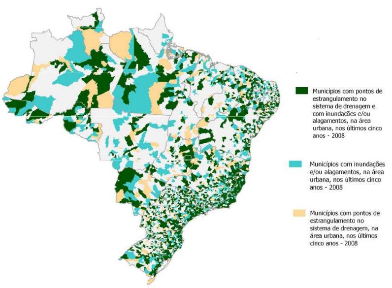 Figura 4: Municípios com problemas de inundações e/ou alagamentos na área urbana e pontos de estrangulamento no sistema de drenagem 2008 (IBGE, 2008).