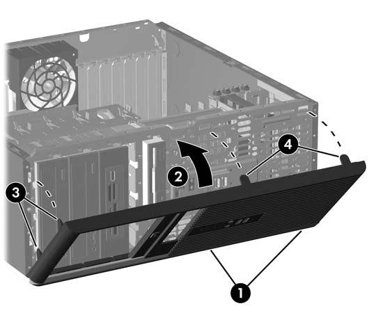 Substituir o painel frontal 1. Coloque os pontos da charneira inferiores localizados no painel frontal nas respectivas ranhuras no chassis (1). 2.