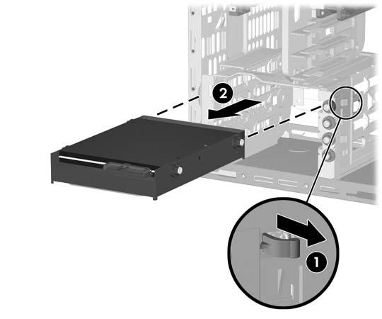 Figura 2-17 Retirar uma unidade de 3,5 polegadas ou uma unidade de 5,25 polegadas na configuração de mini-torre (unidade óptica mostrada) Para retirar uma unidade de disco rígido do compartimento de