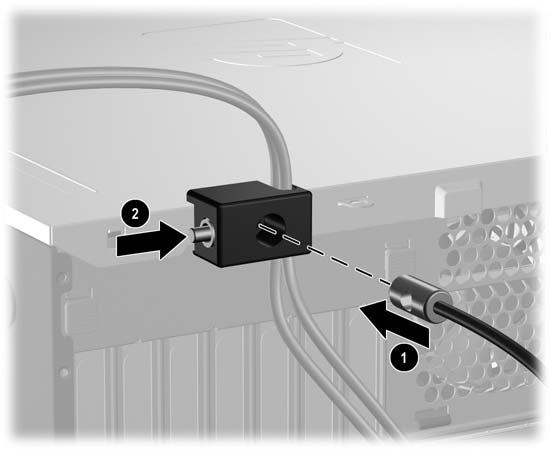 Insira a extremidade da ficha do cabo de segurança no cadeado (1) e prima o botão