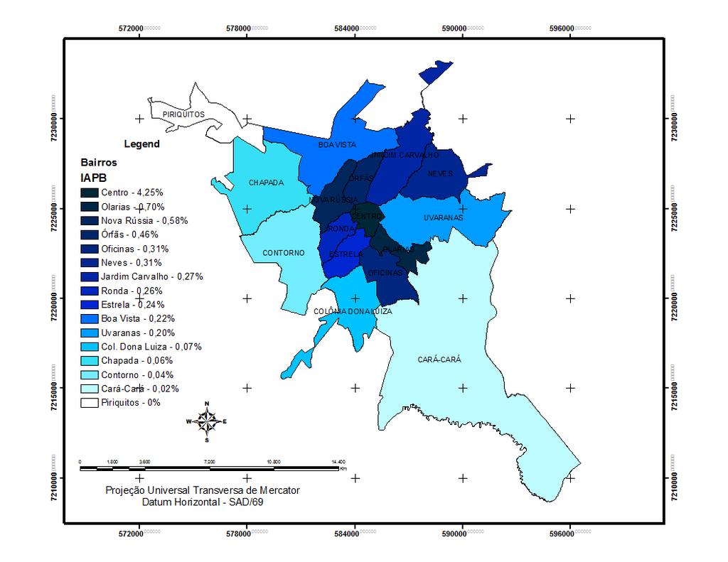66 os bairros que possuem praças, o Cará-Cará foi o que obteve o menor índice, apenas 0,02%. A Figura 26 é possível verificar em degrade de cores os bairros com maior IAPB.