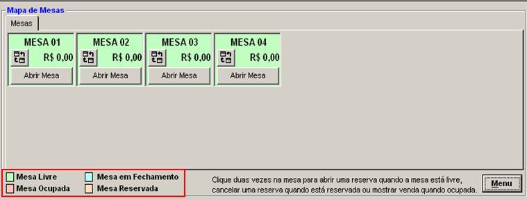Mapa de Mesas As mesas serão marcadas de acordo com a situação da