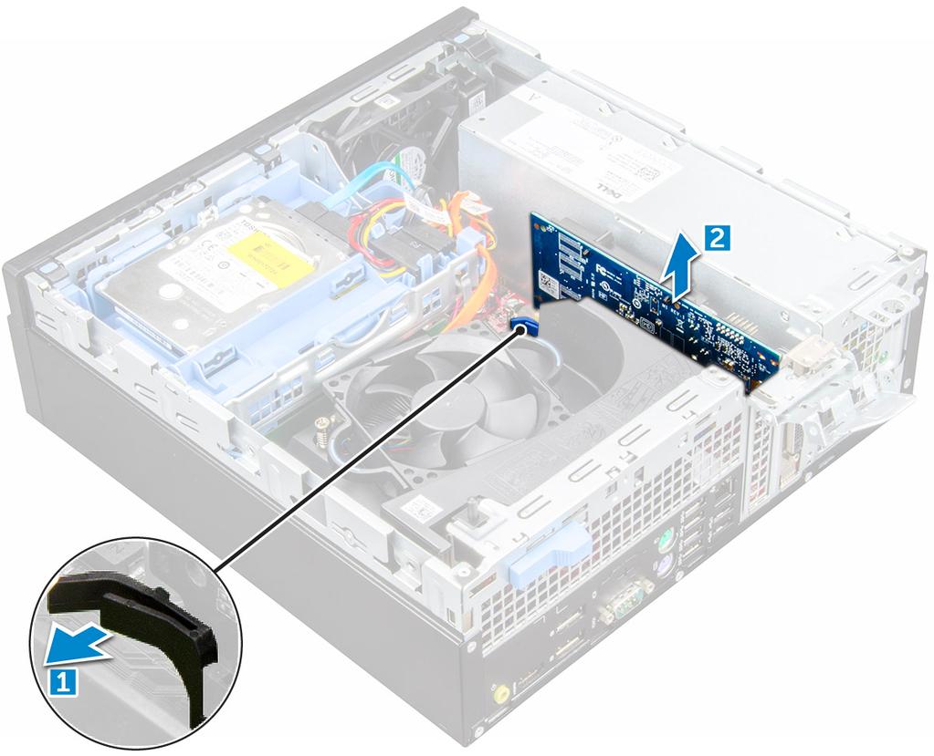 Como instalar a placa de expansão 1 Insira a placa de expansão em seu conector na placa de sistema. 2 Pressione a placa de expansão até encaixá-la no lugar com um clique.