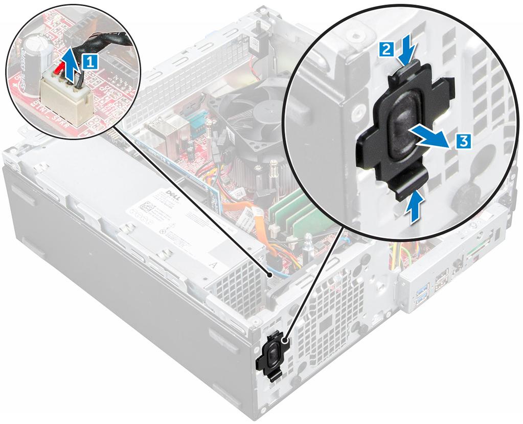 Como instalar o alto-falante 1 Insira o alto-falante no slot e pressione-o até encaixá-lo no lugar com um clique. 2 Conecte o cabo do alto falante ao conector na placa de sistema.