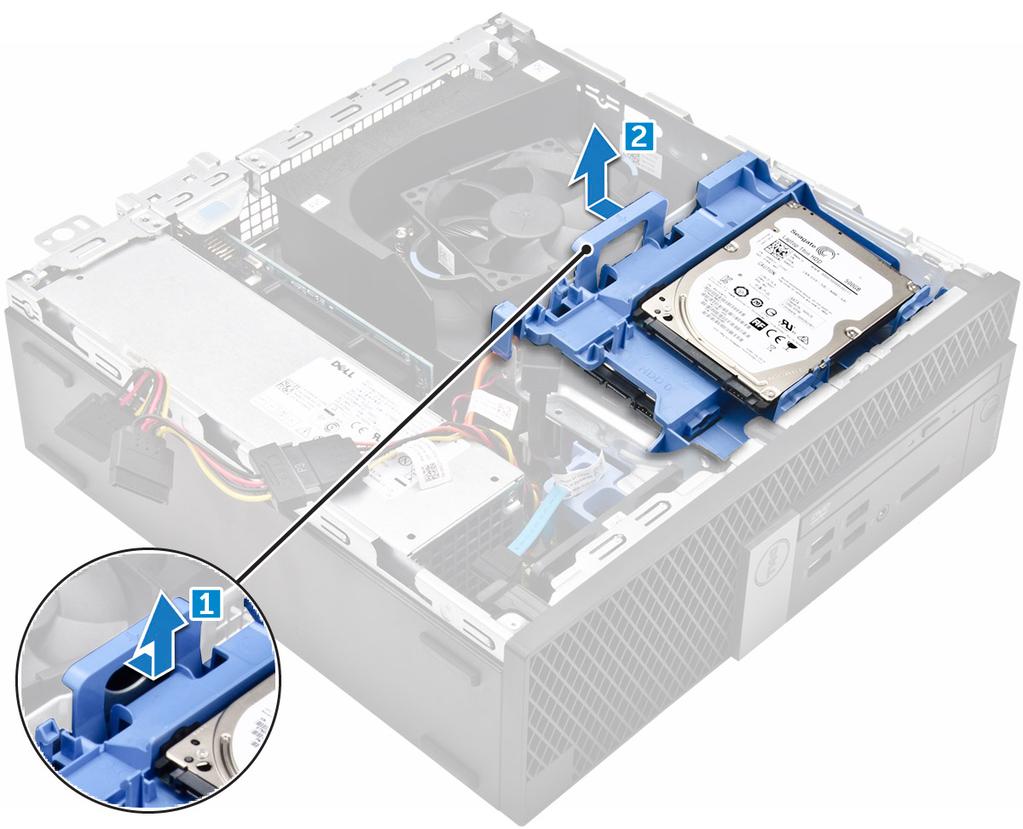 Como remover a unidade de 2,5 polegadas do suporte 1 Siga os procedimentos descritos em Antes de trabalhar no interior do computador.