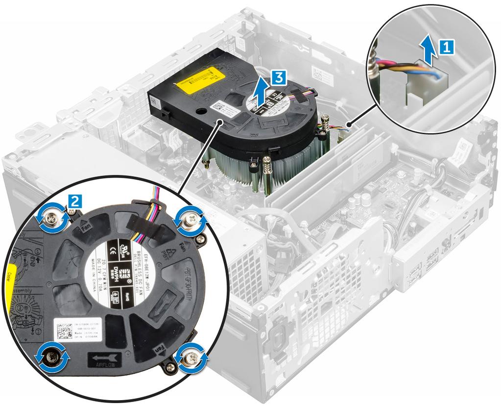 3 Para remover o conjunto do dissipador de calor: a Desconecte o cabo do dissipador de calor da placa de sistema [1].