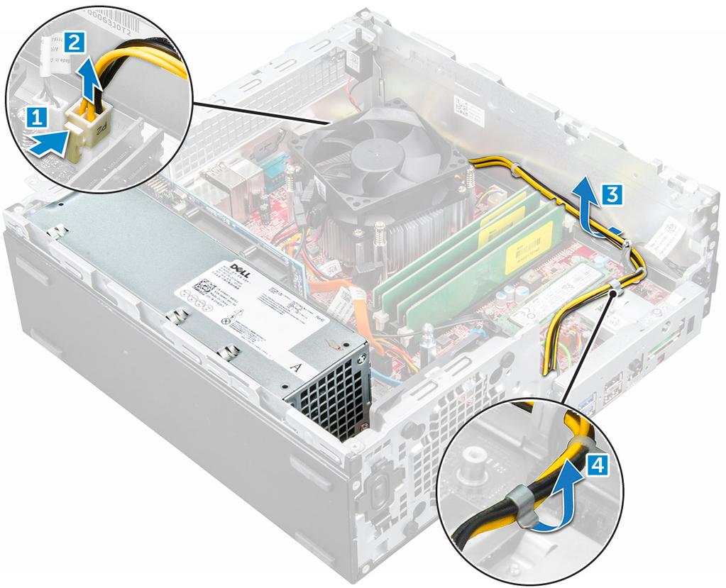 b c d tampa frontal conjunto de unidades de 2,5 polegadas unidade óptica 3 Para liberar a PSU: a Desconecte o cabo de alimentação da placa de sistema [1] [2].