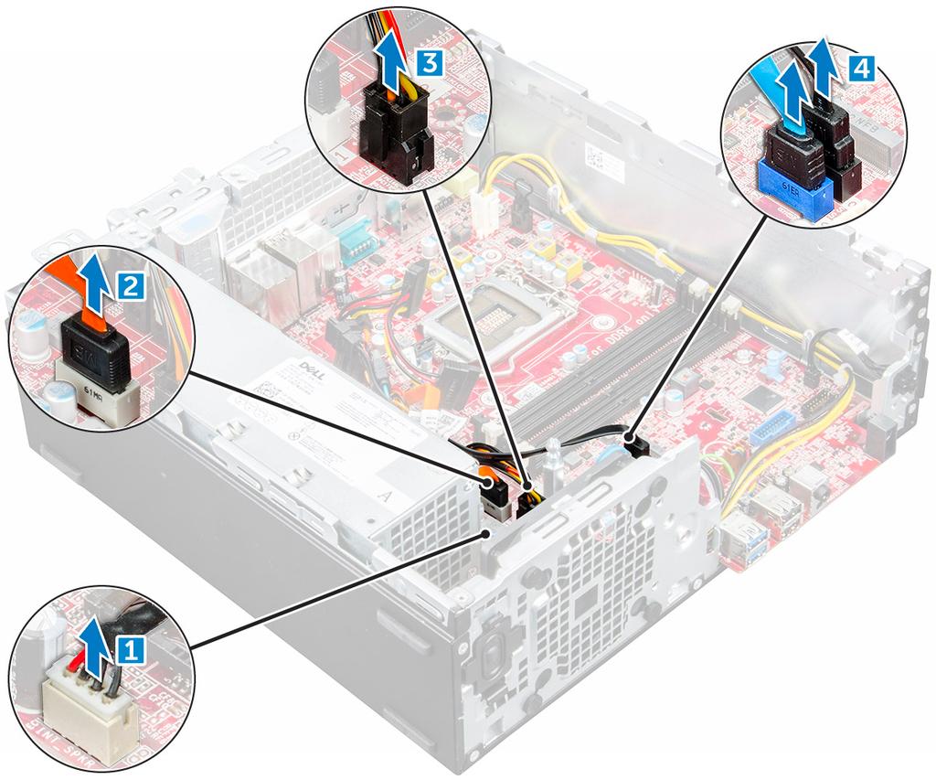 5 Desconecte os seguintes cabos e parafusos da placa de sistema: a PSU [1] b Parafuso do suporte para fora do disco rígido e do