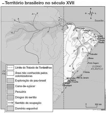 10ª Questão: Fonte: Adaptado de Atlas Histórico e Geográfico Brasileiro MEC, 1967 Indique qual das alternativas é CORRETA em relação ao sentido de ocupação do território: a) A partir do centro do
