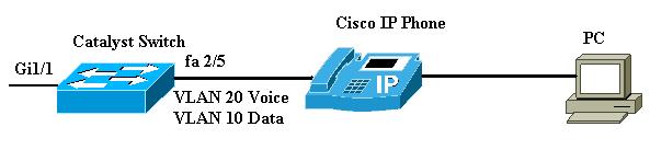 O interruptor tem dois VLAN: um leva o tráfego de dados e um leva o tráfego de voz.