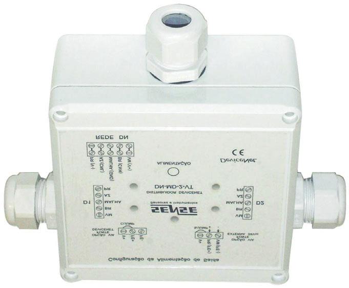 Manual de Instruções Distribuidor Alimentação: Vista Frontal: O desenho abaixo ilustra o painel frontal do distribuidor com os seus bornes de conexão, leds de sinalização e dipswitches de controle.