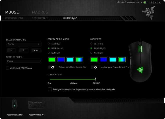 Guia Iluminação A guia Iluminação permite que você personalize o visual do Razer DeathAdder escolhendo entre 3 cores para a roda de rolagem e o logotipo da Razer.