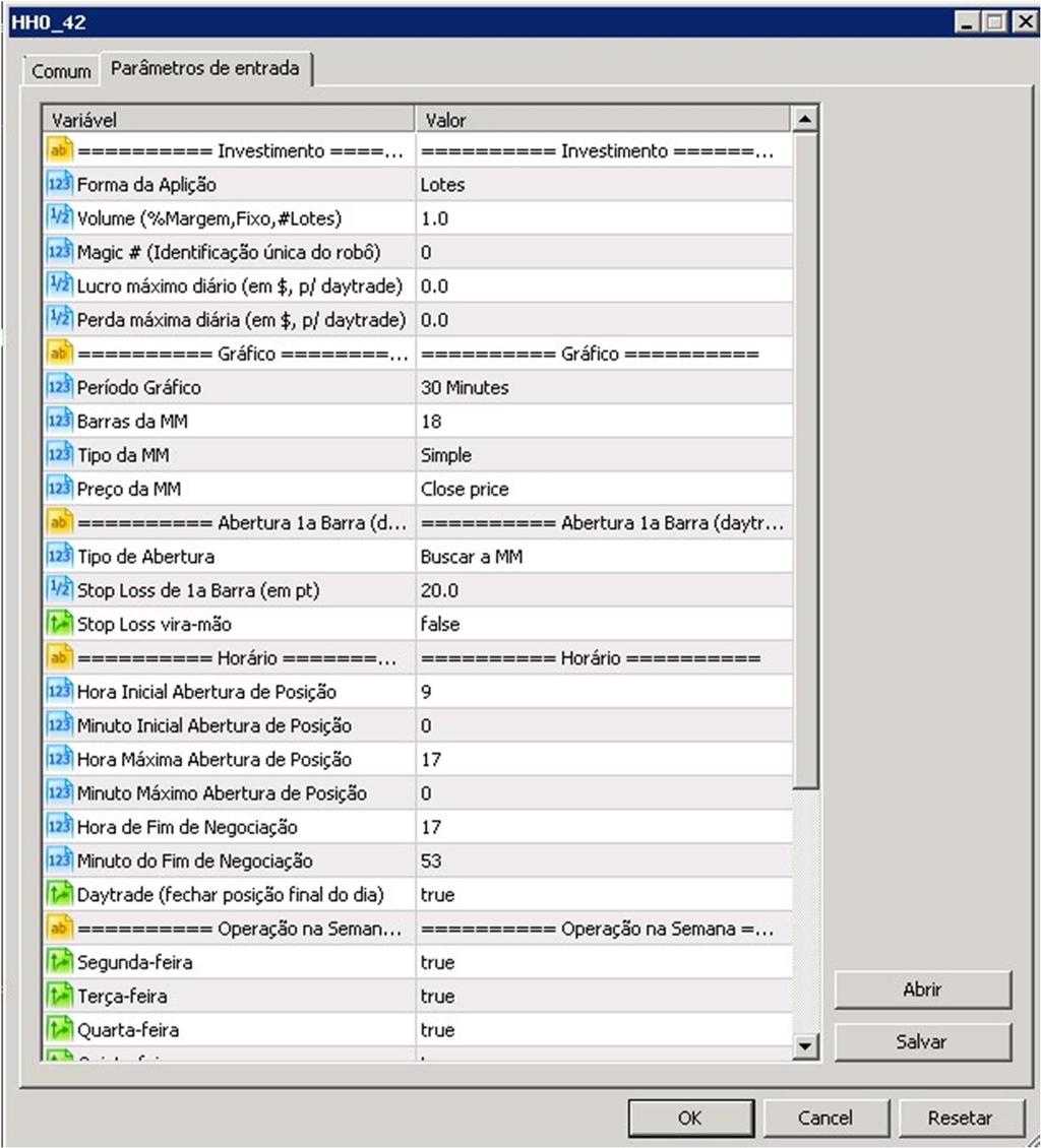 40. Configure os parâmetros do robô conforme a sua estratégia. O Blue Portal fornece um arquivo *.set que pode ser baixado e carregado através da opção [Abrir], conforme a figura abaixo.