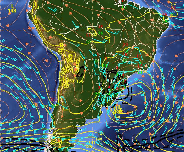 As linhas em vermelho indicam a espessura 1000/500 hpa e a cor azul a temperatura em 850 hpa.