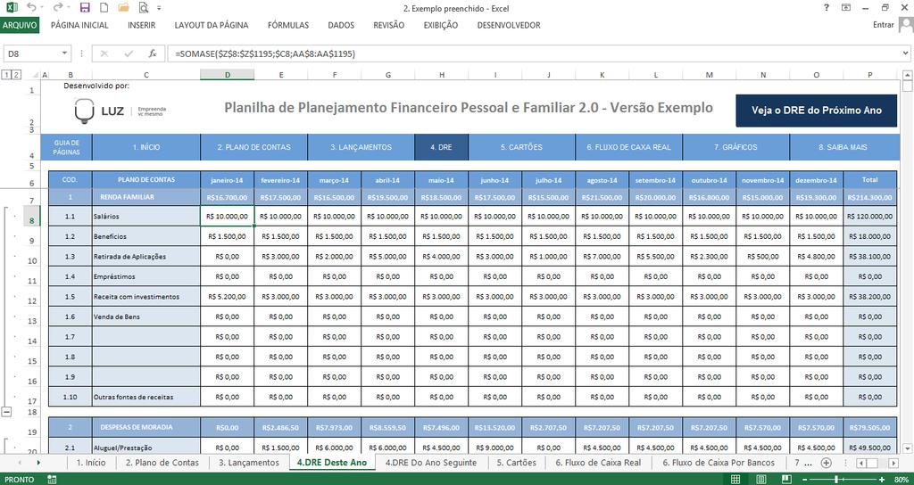 despesas domésticas com a fórmula SOMASE na nossa planilha de finanças pessoais (esses dados são puxados de uma outra aba): 3.