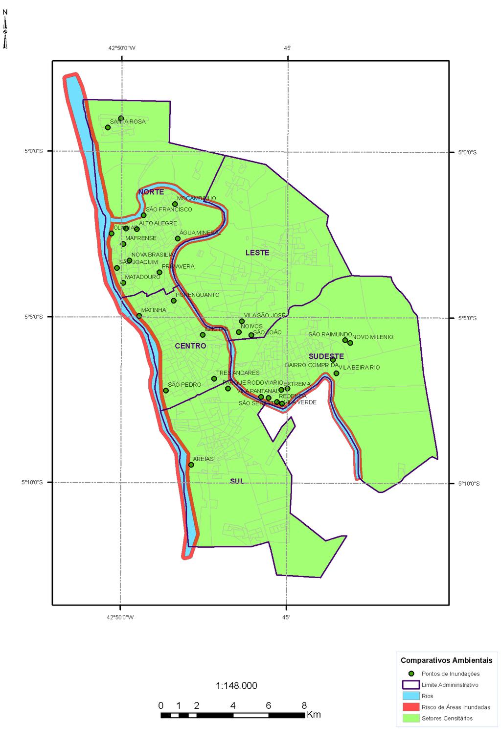 Figura 4: Mapa de Teresina - Bairros de Teresina vulneráveis às inundações