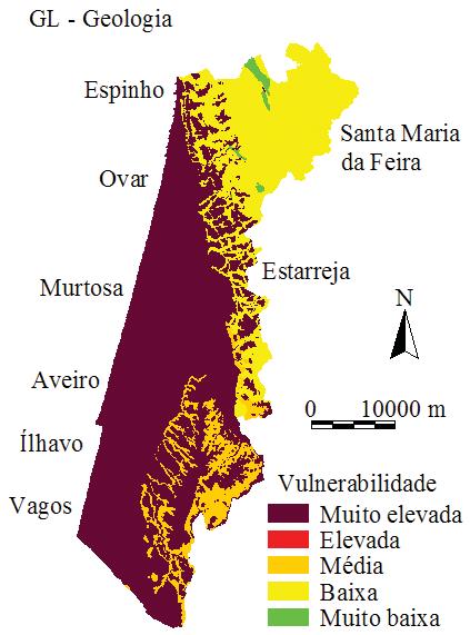 Figura 2 Representação dos parâmetros de vulnerabilidade para o distrito de Aveiro (baseado em