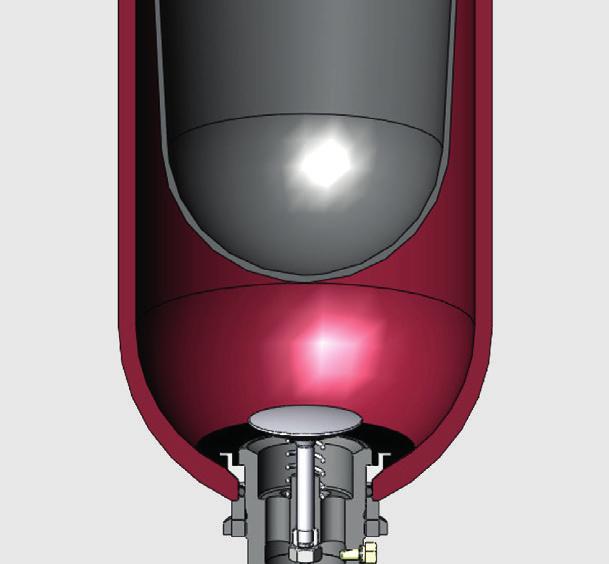 A parte de líquido que envolve a bexiga está em contato com o circuito hidráulico, de modo que, quando aumenta a pressão do mesmo, o acumulador de bexiga se enche comprimindo o gás.
