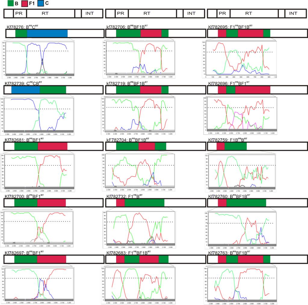 Figure 3. Bootscanning analysis of HIV-1 PR and RT regions of 15 recombinant isolates from Maranhão State, northeast Brazil.