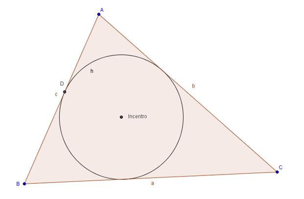 Ative a ferramenta CIRCULO DADOS CENTRO E UM DE SEUS PONTOS, clique no ponto Incentro e posteriormente no ponto D. Uma circunferência h será criada.