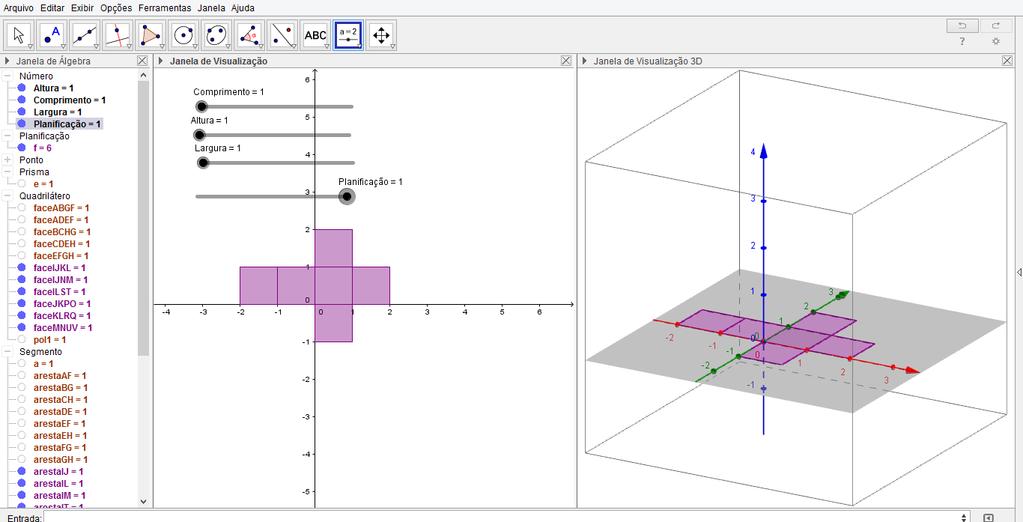 c) Crie no 3D um ponto na origem A = (0, 0, 0). d) Construa mais três pontos no 3D com as seguintes coordenadas: B = (comprimento, 0, 0), C = (comprimento, largura, 0) e D = (0, largura, 0).