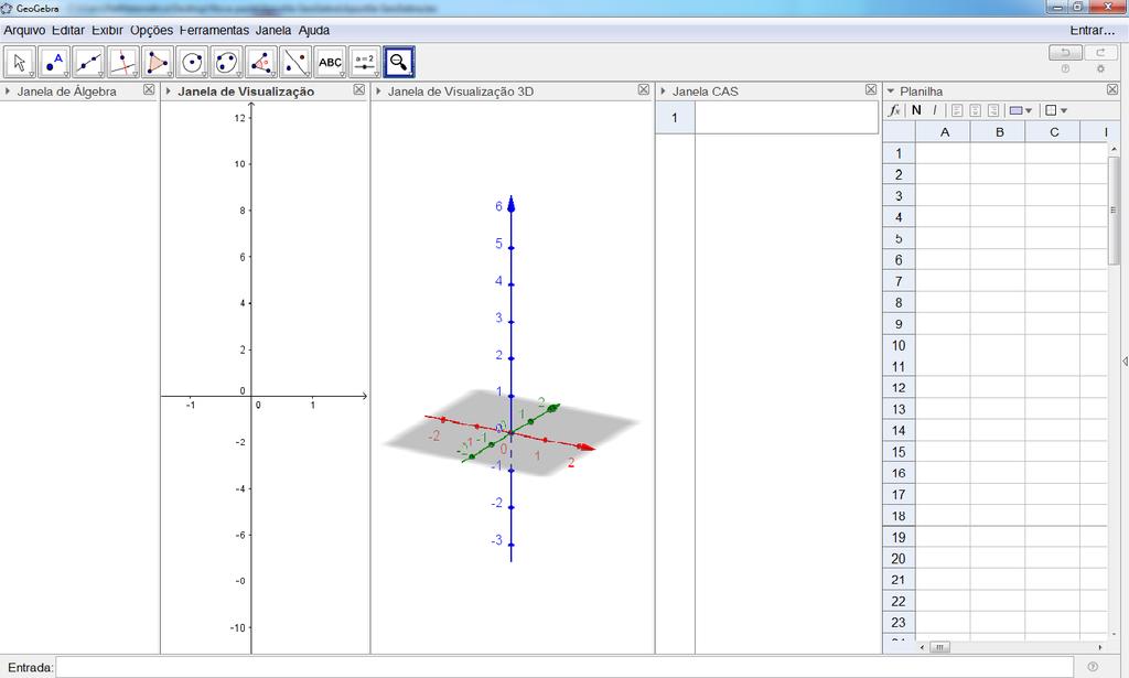 Capítulo 3 Apresentação do Software Ao inicializar o GeoGebra abre-se uma janela, cuja a interface é composta por uma barra de menus, uma barra de ferramentas, a janela de álgebra, a janela de