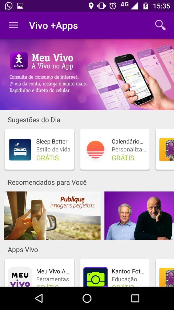 App Install Um banner rotativo oferece dicas de apps relevantes para o usuário.