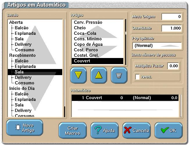 Ficheiros Exemplo de um artigo em automático ao abrir uma mesa: Ao abrir uma mesa colocar lá automaticamente os artigos de couvert, ou até o consumo mínimo, gorjeta, etc.