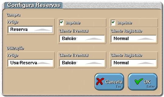 Esta janela de configuração está dividida em duas secções: Compra Utilização Na Compra de reservas, deve definir qual o artigo que irá efectuar uma nova reserva quando pedido na janela de pedidos.
