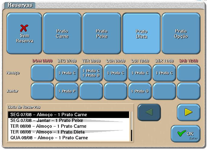 Na janela de pedidos, ao premir o artigo correspondente a uma nova reserva, aparece uma janela para selecção do(s) prato(s) do dia que pretende utilizar.