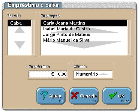 Procedimento: 1. Seleccione a caixa destino do fundo de maneio. 2. Introduza o valor de fundo de maneio. 3. Seleccione o método de pagamento. 4. Introduza um comentário (Observação) para a operação.