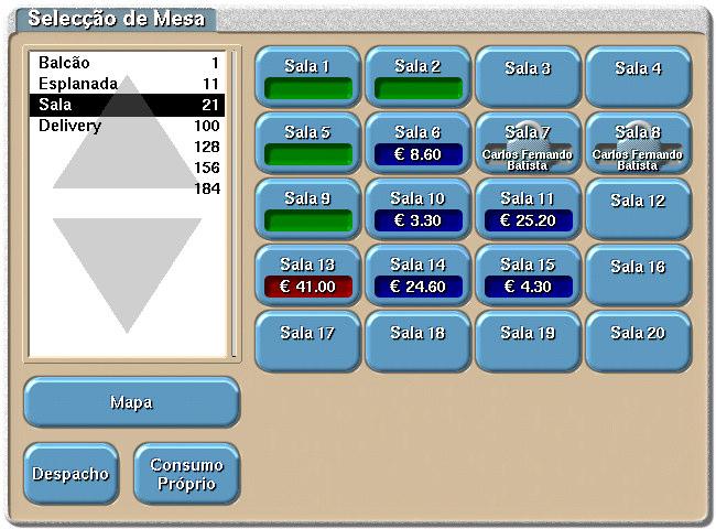 Nesta janela, composta por mesas agrupadas por local, seleccione o botão da mesa que pretende abrir.