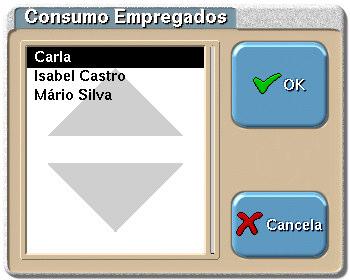 Antes de aceder à janela de consumo, deve ser seleccionado o empregado para o qual se pretende registar o consumo, mas apenas quando o utilizador tem permissões para