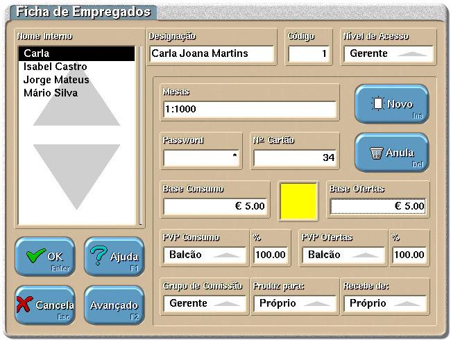 Ficheiros A ficha de empregado é composta pelos seguintes campos: Nome - 40 caracteres para o nome do empregado. Código - 6 dígitos numéricos que identificam o empregado.