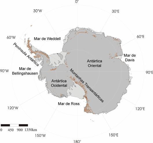 8 Figura 2.1 Mapa da Antártica com alguns de seus principais topônimos. Figura 2.2 Comparação entre as áreas do Brasil e da Antártica.