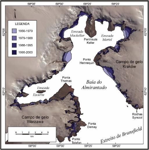 27 Figura 2.10 Redução das áreas cobertas por geleiras na AAEG baía do Almirantado entre 195